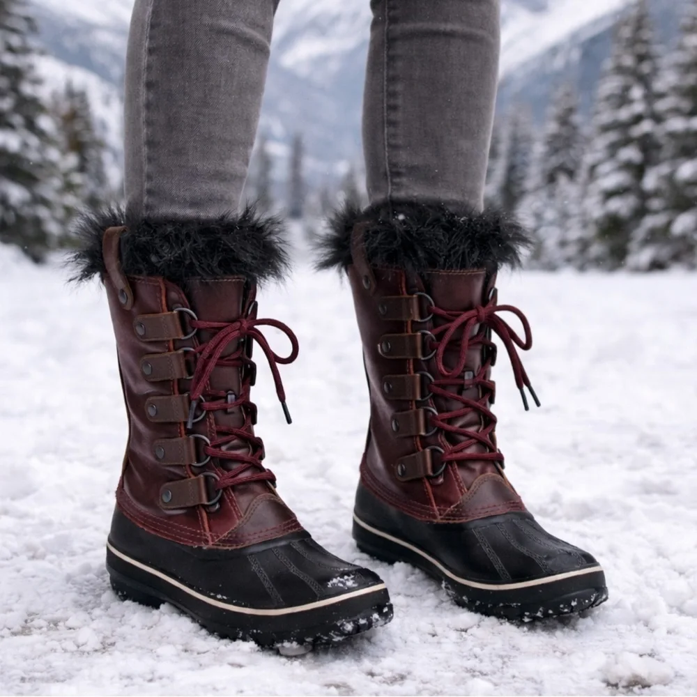 SOREL Joan of Arctic Premium Red Leather Snow Boots Size 6.5
